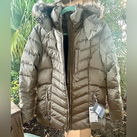 NWT EDDIE BAUER Sun Valley 650 Down Parka Jacket Fur Hood Taupe women’s Medium - Picture 2 of 15